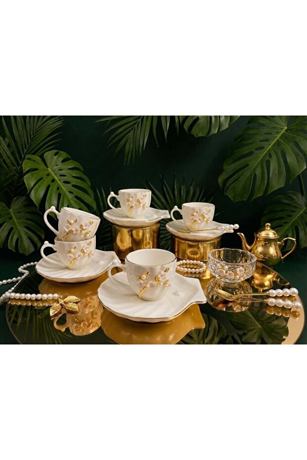 6-Person Oyster Design Turkish Coffee Cup with Daisy Figure – Coffee Cup with Gold Detail