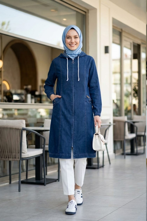 Women's Hooded Zippered Pocket Dark Blue Denim Jacket