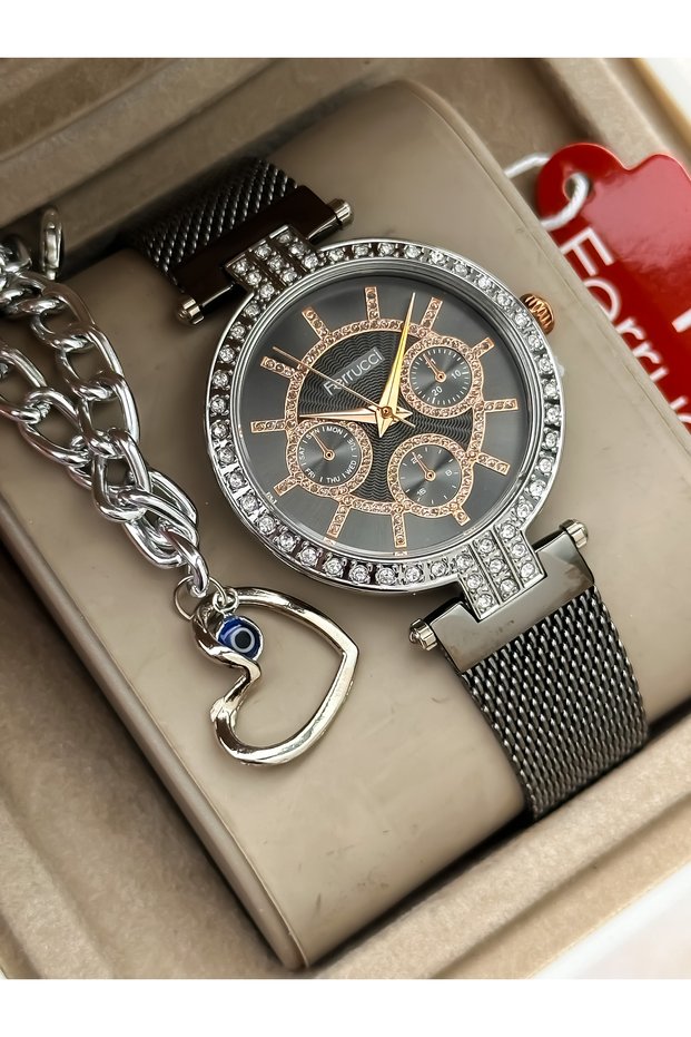 Smoked Color Steel Cord, Smoked Case, Women's Wristwatch + Bracelet in a Stylish Box