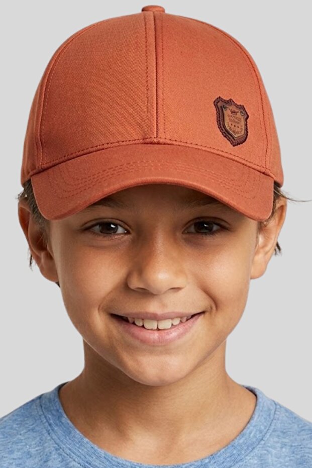 Boy's Beige Leather Emblem Cotton Cap Hat