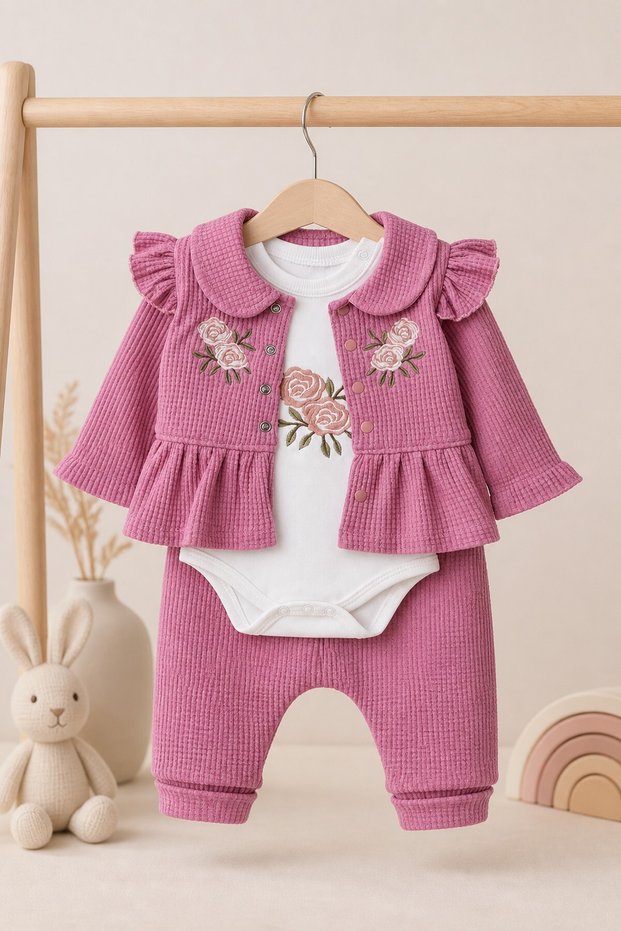 Baby Girl 3-Piece Set Floral Embroidered Bodysuit Seasonal Top and Bottom Set 0 3 6 9 12 Months