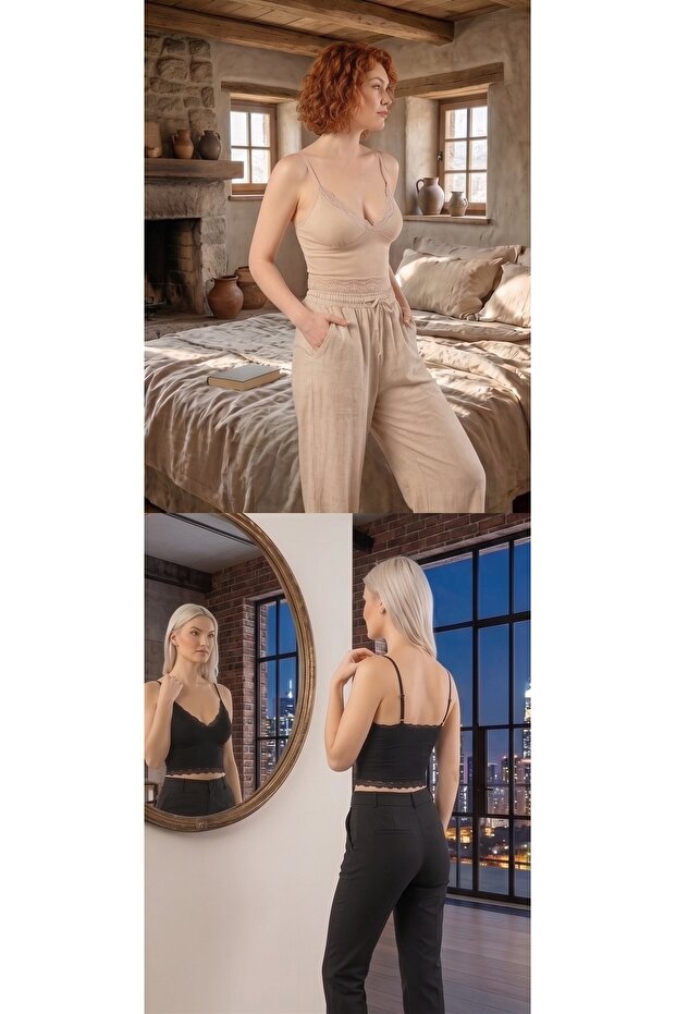 Crop Blouse Set with Straps, Lace and Padded Bustier Bralet, 95% Cotton