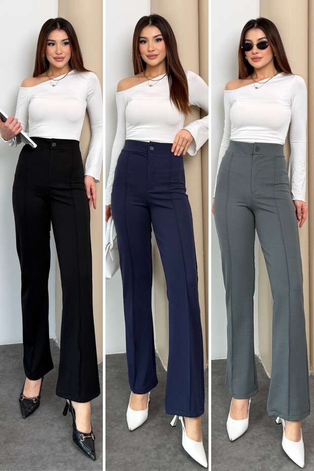 Women's High Waist Buttoned Zippered Lycra Straight Casual Ribbed 3-Piece Palazzo Trousers