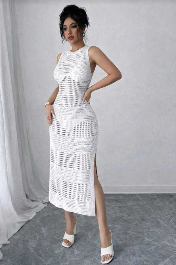 100% Cotton Openwork Backless Crew Neck Long Pareo-Beach Dress with Slit Detail
