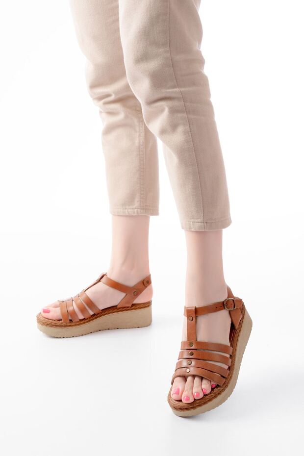 Zri̇n-142 Premium Tan Genuine Leather Orthopedic Sole Women's Sandals