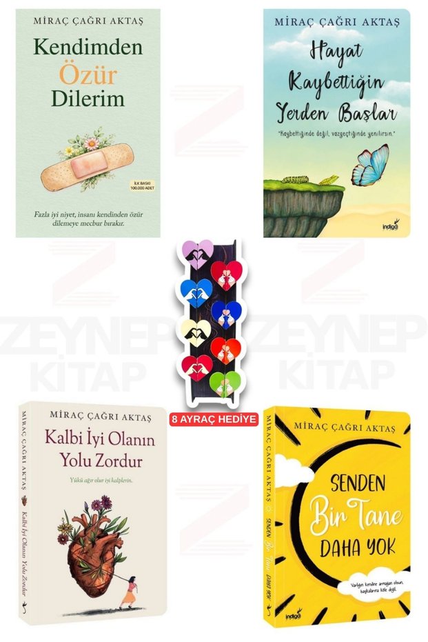Kendimden Özür Dilerim-Hayat Kaybettiğin Yerden Başlar-Kalbi İyi Olanın Yolu Zordur-Senden Bir Tane Daha Yok -4 Book Set - 8-Piece Special Design Heart Bookmark Gift