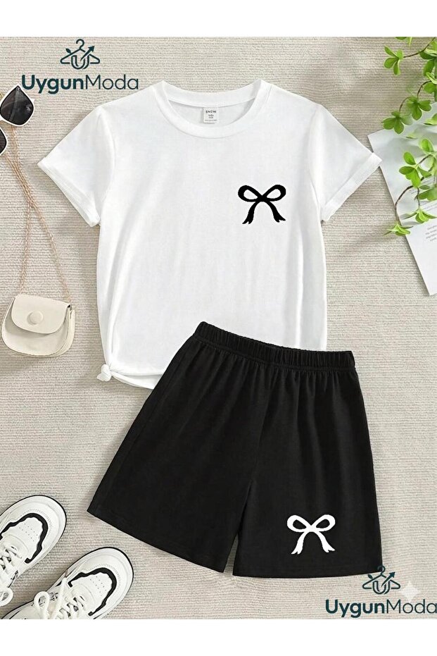 Mini Ribbon Printed T-Shirt Shorts Summer Children's Set