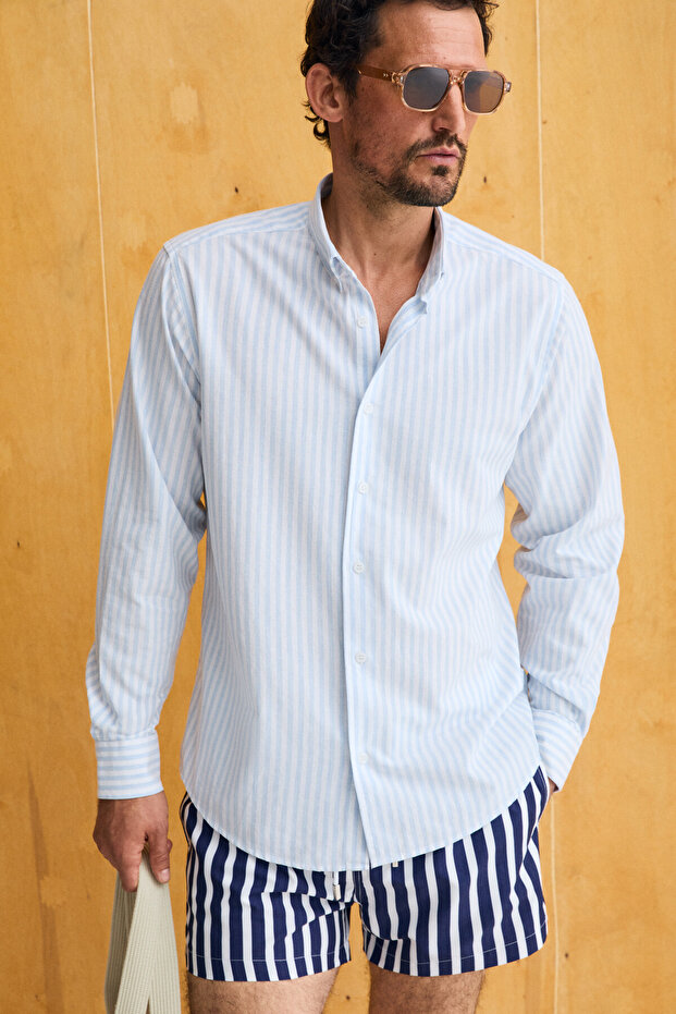 Risto Men's Blue Striped Shirt with Fabric Collar and Cuffs, Minimizing Ironing Needs after Washing