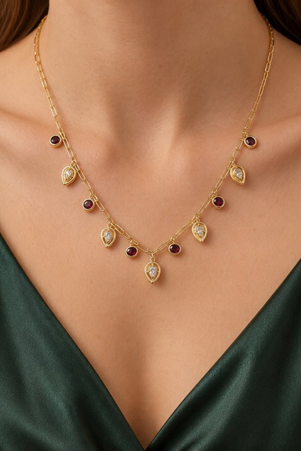 316L Steel Gold Red and White Stone Cluster Design Vip Necklace Antiallergic Non Tarnish Women Necklace