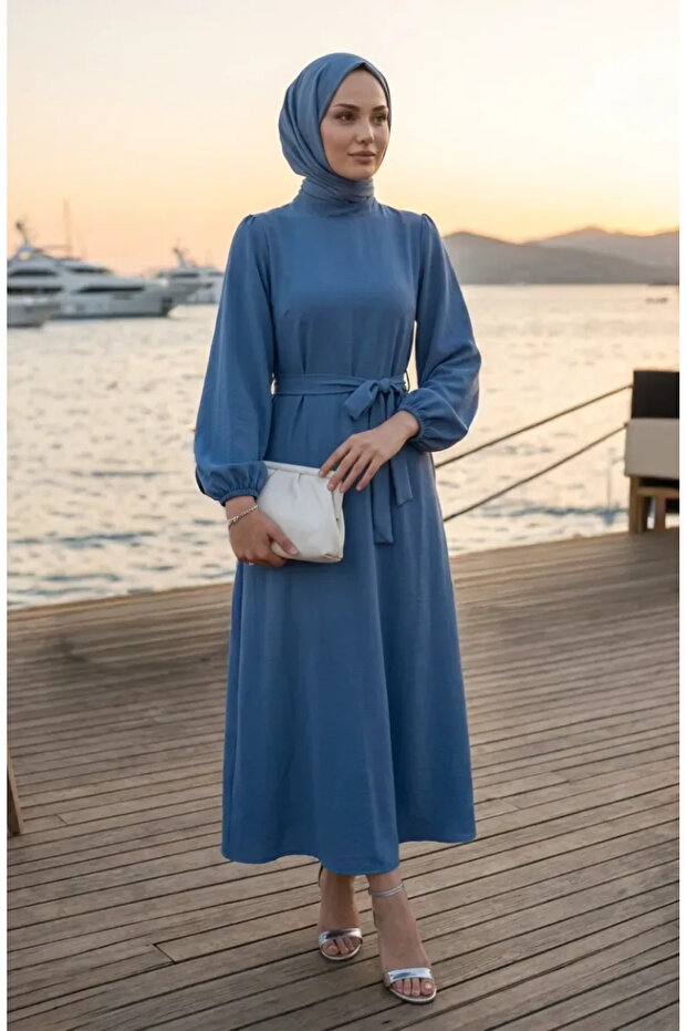 Elasticized Sleeves Belted Dress 2261-01 Indigo