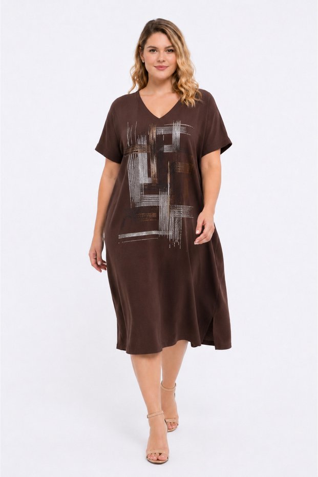 Women's Plus Size Coffee Color V-Neck Print and Stone Detail Oversize Pocket Dress 65N39505