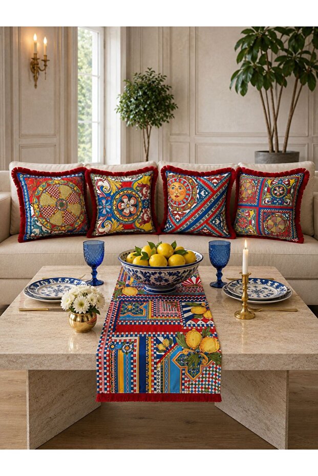 Mi̇lano Series, Fringed Throw Pillow Cover and Runner 5-Piece Combination Set