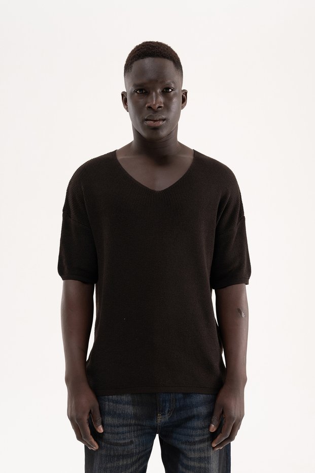 Men's V-Neck Knitwear T-Shirt Brown