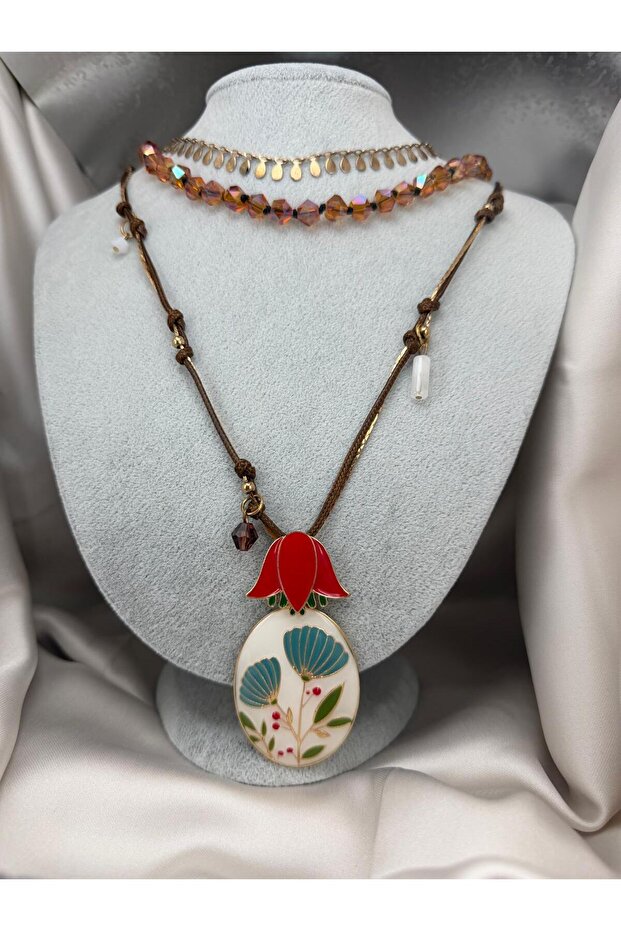Bohemian Necklace with Flower Figures, Ceramic Patterned Long String Necklace, Stylish Necklace with Bead Detail