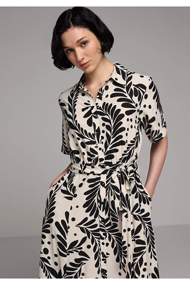 Regular Fit Metraj Printed Women's Black Short Sleeve Dress