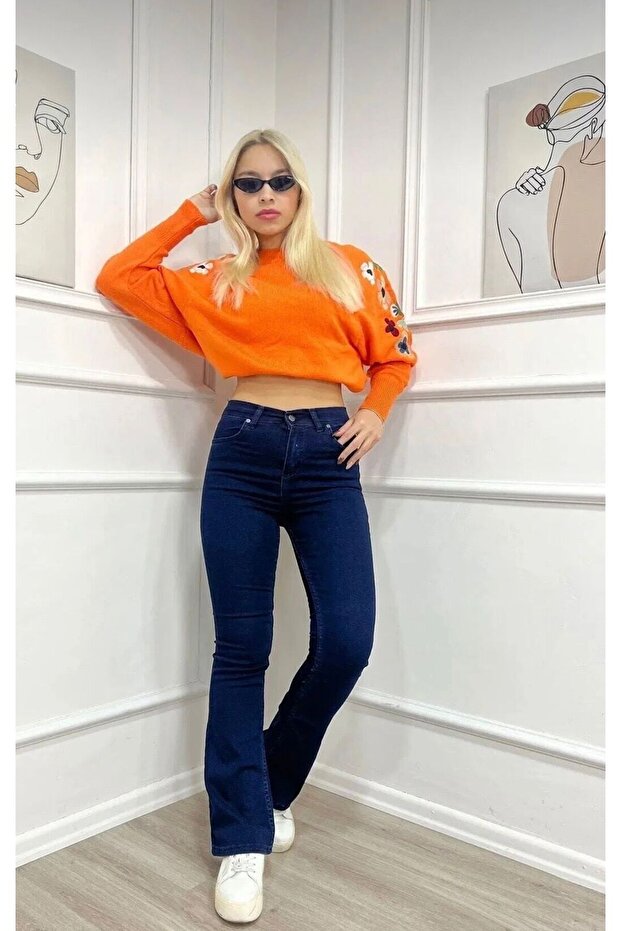Spanish Style Jeans Navy Blue High Waist Denim Trousers
