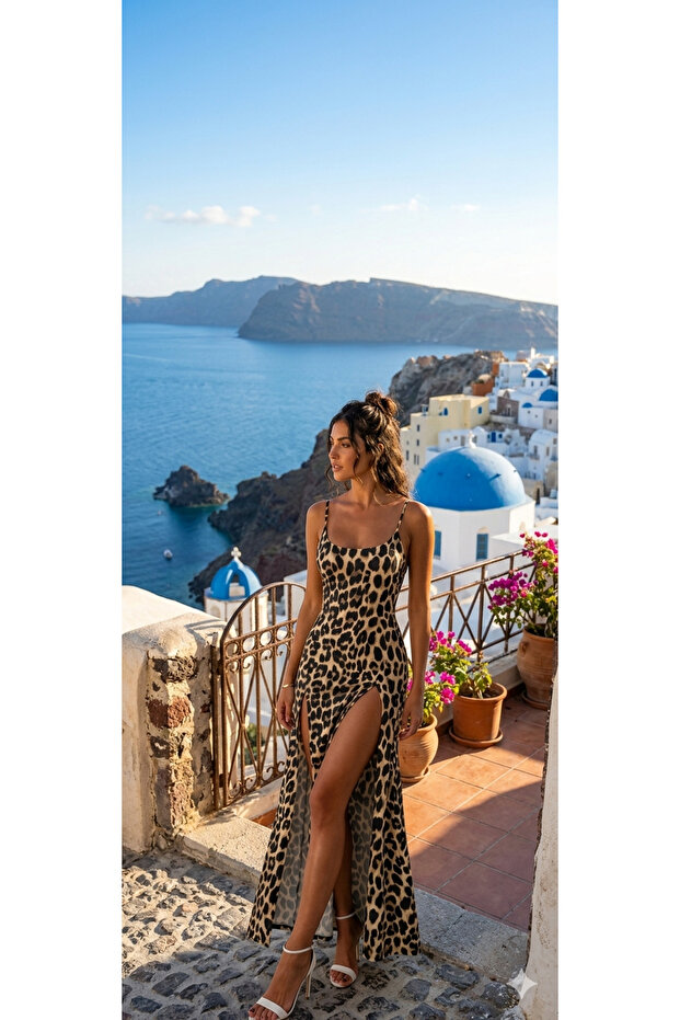 Women's Double Slit Micro Fabric Leopard Pattern Long Dress
