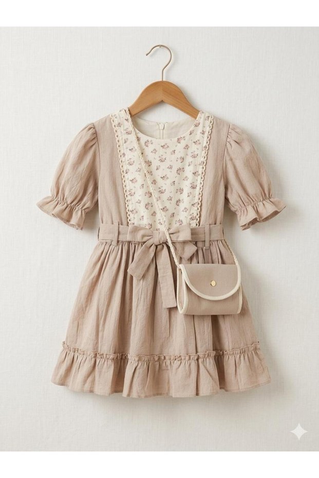 Girl's Daisy Patterned Summer Breathable Lined Dress with Bag