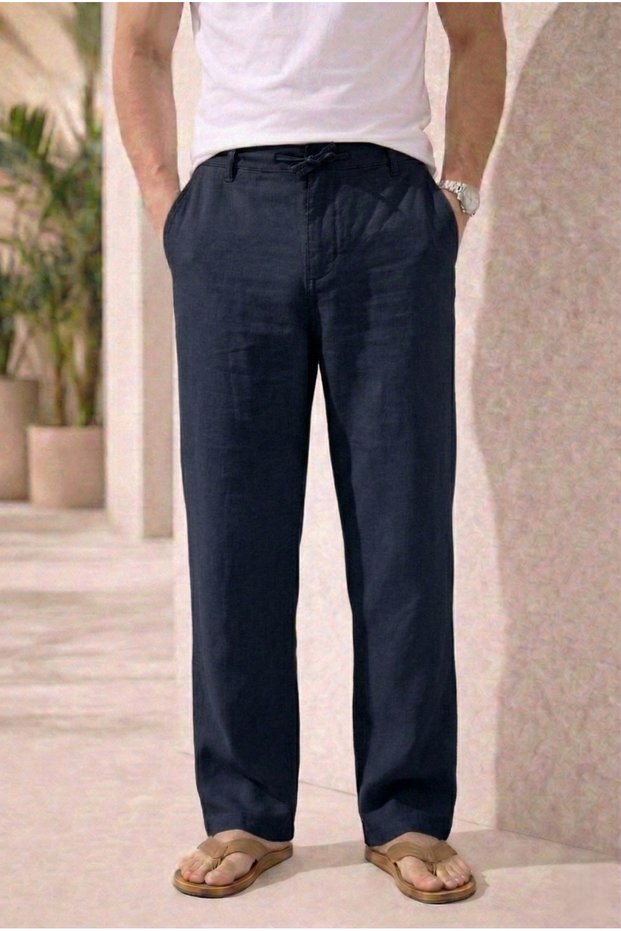 Men's Summer Navy Blue Color Cotton Linen Look Relaxed Pants