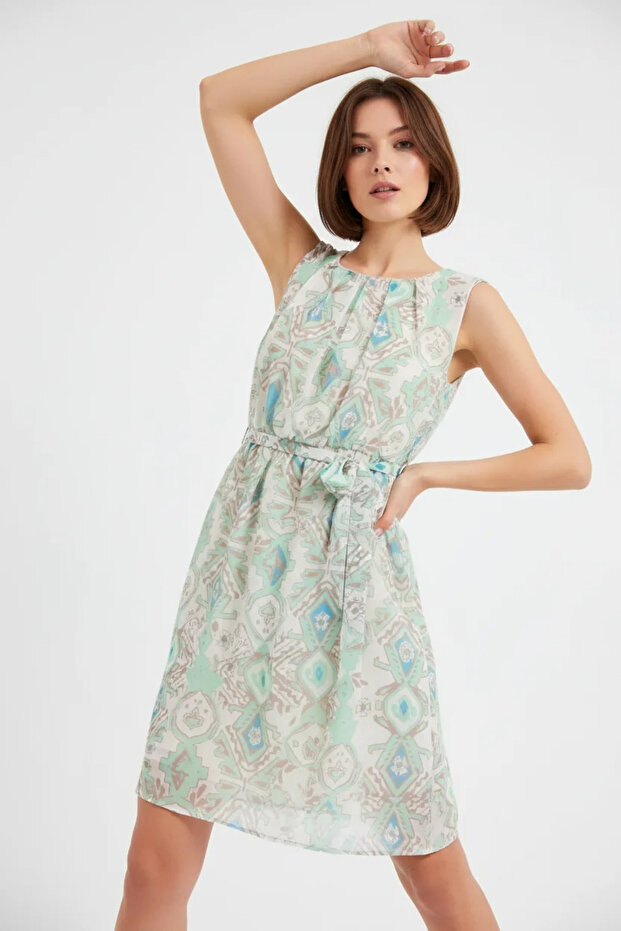 Women's Zero Sleeve Gathered Waist Patterned Chiffon Mint Dress