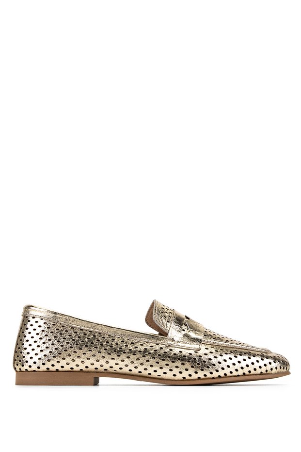 Women's Genuine Leather Gold Loafer Shoes