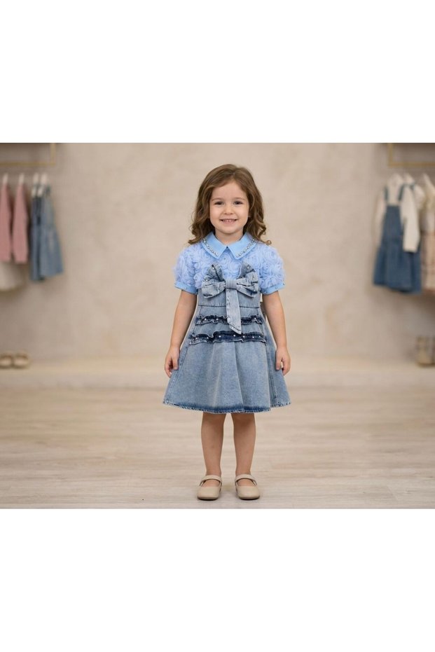Girl's Denim Dress with Pearl Collar, Big Bow, Floral Pattern, Princess Model Dress (Stylish Holiday Birthday Dress)
