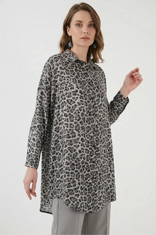 Women's Shirt Collar Patterned Viscose Black Tunic