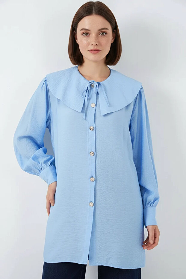 Women's Baby Collar Ruffled Viscose Blue Tunic