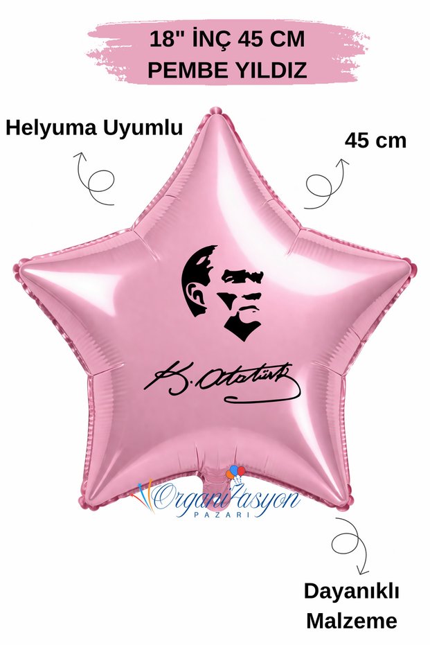 18 Inch Pink Star Foil Balloon | Ataturk Printed | Ataturk's Signature | Helium Compatible