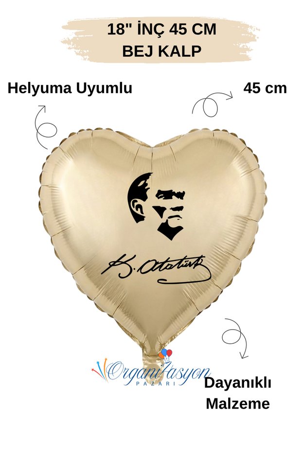 18 Inch Beige Heart Foil Balloon | Ataturk Printed | Ataturk's Signature | Helium Compatible