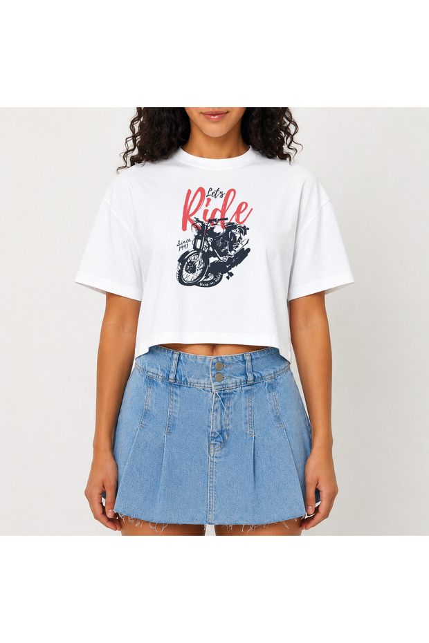 Crop T-Shirt White Printed Relaxed Fit Raw Cut Basic Short Tshirt