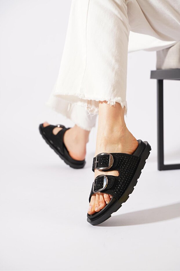 Urena Stone Double Buckle Genuine Leather Women's Slippers Black