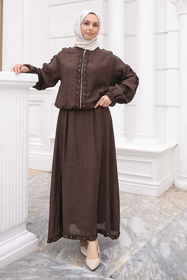 Brown Elastic Sleeve Zippered Jacket Skirt Set
