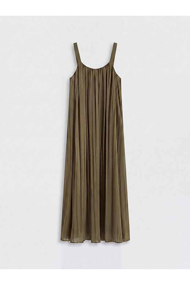 Khaki U-Neck Pleated Chiffon Dress