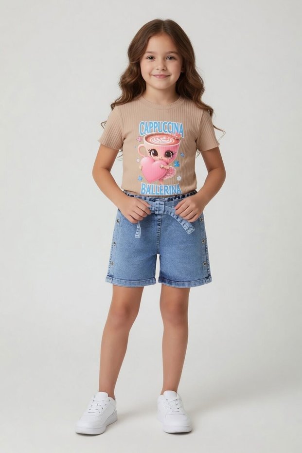 Beige Ballerina Printed T-Shirt and Buttoned Jean Shorts Girls' 2-Piece Set 24168
