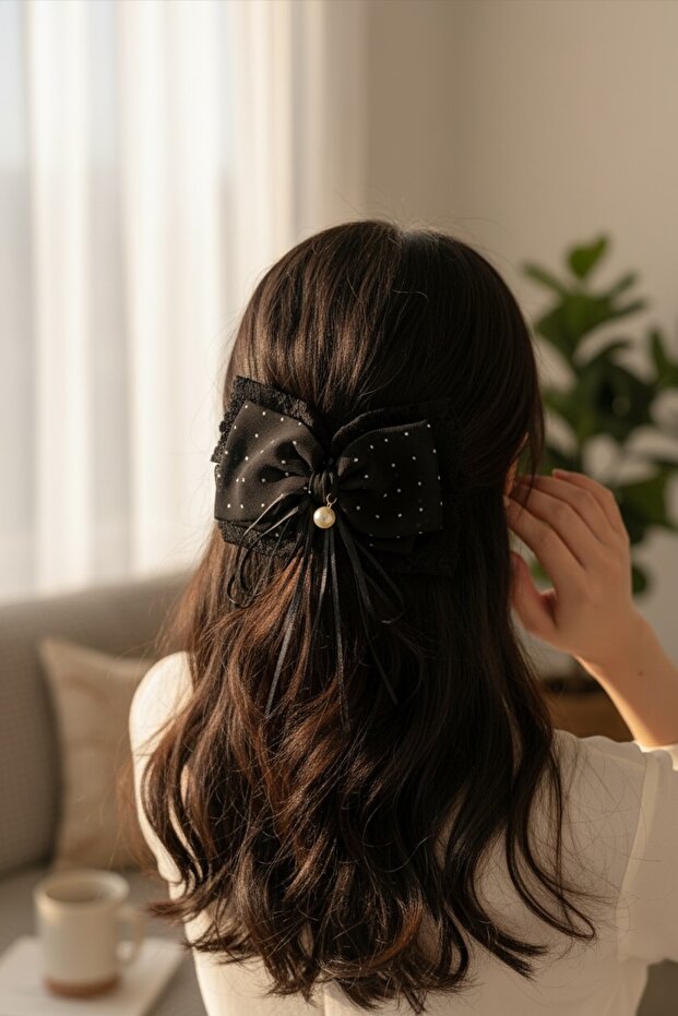 Bowknot Buckle Pearl Small Polka Dot Transparent Lace and Chiffon Fabric