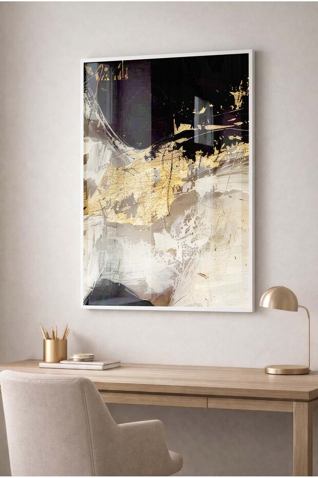 Gold Foil and Black, Beige Toned Glass Table - White Metal Framed Table for Home, Business and School