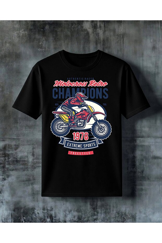 تي شيرت مطبوع عليه motocross retro Champions مقاس كبير