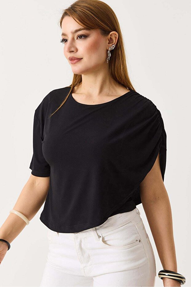Women's sandy cape half sleeve blouse black