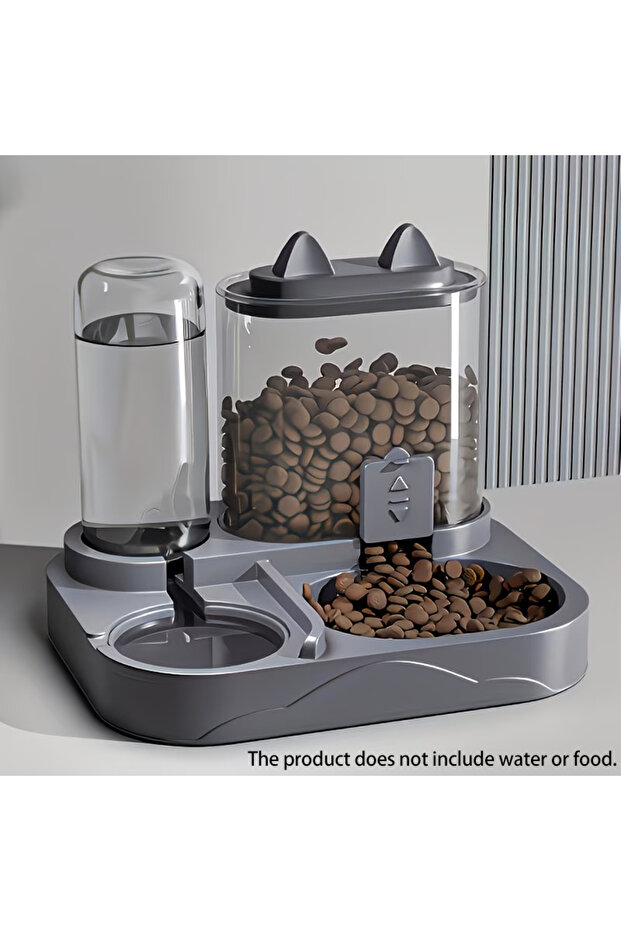 GRAY 2-in-1 Large Pet Feeder & Water Dispenser, Dry Wet Separation, Durable Plastic, Transparent, No