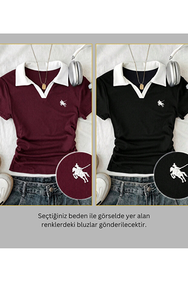 Women's 2 Li Soul Colorful Polo Collar Embroidered Drawstring Blouse