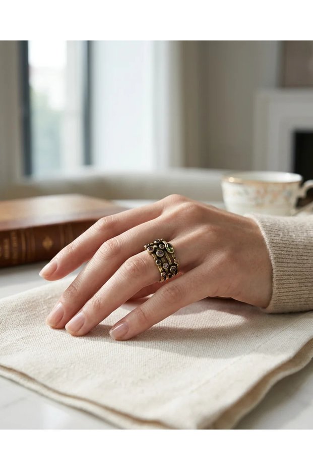 Bronze Vintage Women's Ring Authentic Copper Jewelry with Colorful Zircon Stone 4 Rows Adjustable