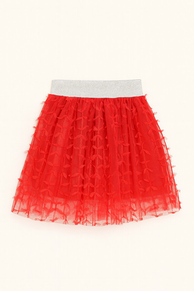 Girl's Red Butterfly Textured Skirt with Elastic Waist