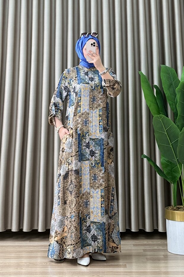 Bi̇rgül Dress Viscose Fabric Women's Blue Ethnic Patterned Hijab Dress with Buttons and Pockets