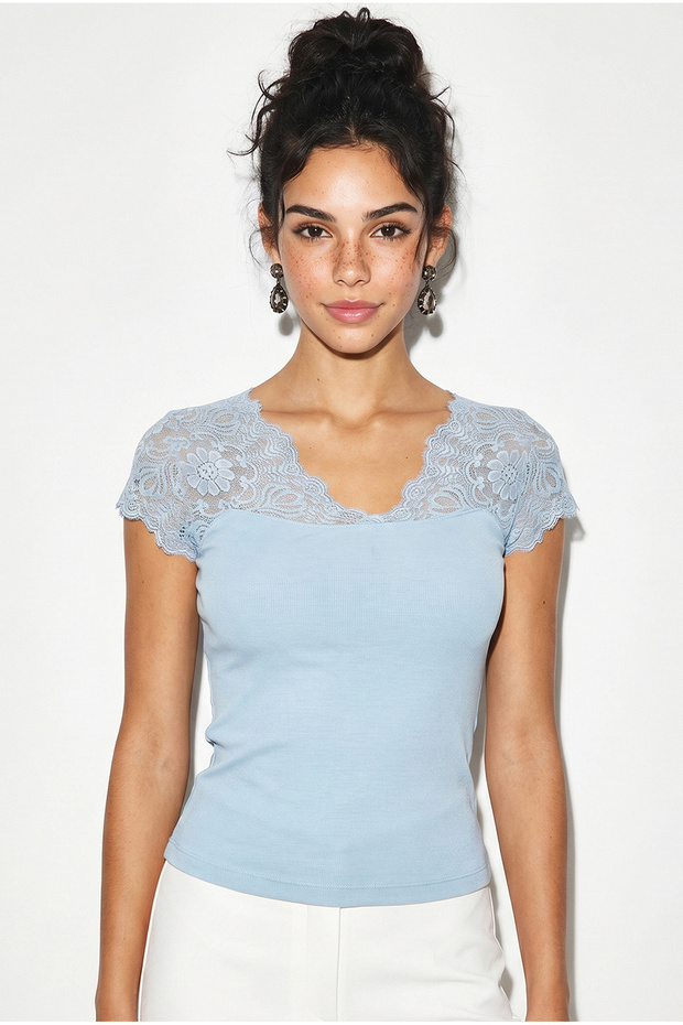 Women's Baby Blue Lace V-Neck Bodycon Blouse 36012 60286290