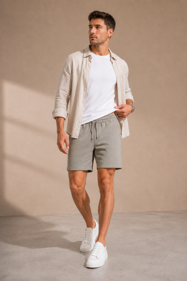 Men's Khaki Pique Fabric Elastic Waist Lace-Up Shorts