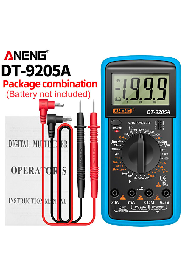جهاز قياس رقمي متعدد الوظائف ANENG DT9205A أزرق اللون لقياس الجهد والتيار المتردد والمستمر، مع وظائف قياس السعة والكشف عن الجهد بدون تلامس