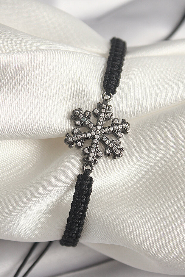Brass Smoked Zircon Stone Snowflake Macrame Women's Bracelet with Elevator Chain