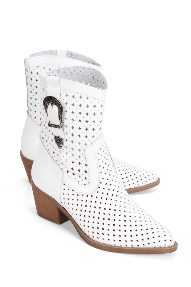 8013 Women's Genuine Leather Side Buckle Summer Boots White-2