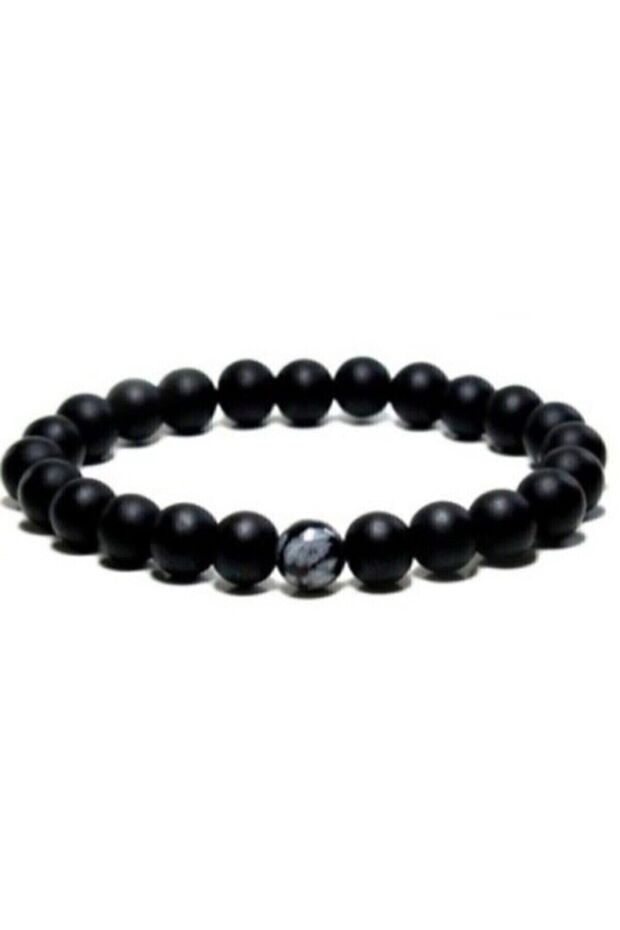 Unisex Black Matte Onyx Snowflake Obsidian Single Stone Natural Stone Bracelet
